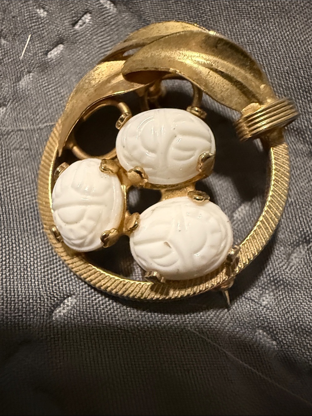 Gold-Tone Brooch with White scarab Cabochon Accents - Classic Women's Jewelry